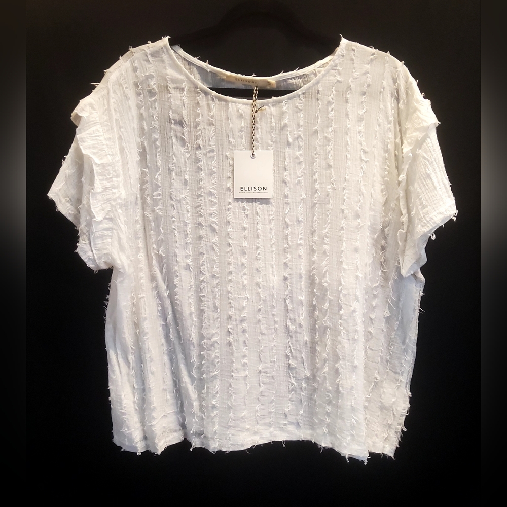 Ellison white s/s sheer fringed blouse